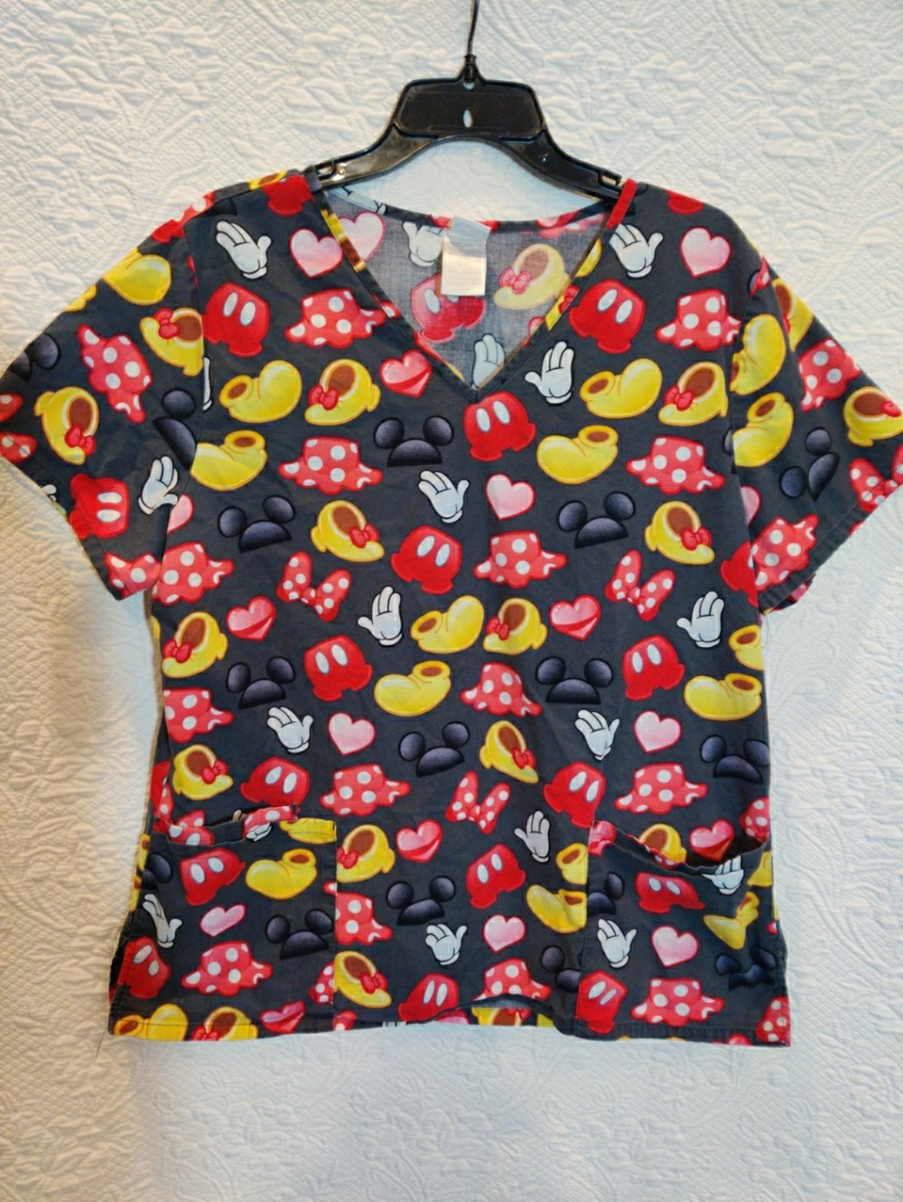 Disney Mickey Mouse & Minnie Mouse Attire Pattern Scrub Top Womens Size L Vtg 89